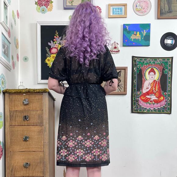 Vintage Sheer Black Floral Dress, 1970s Bohemian Fairycore Flower Print, Sz S - Picture 3 of 11